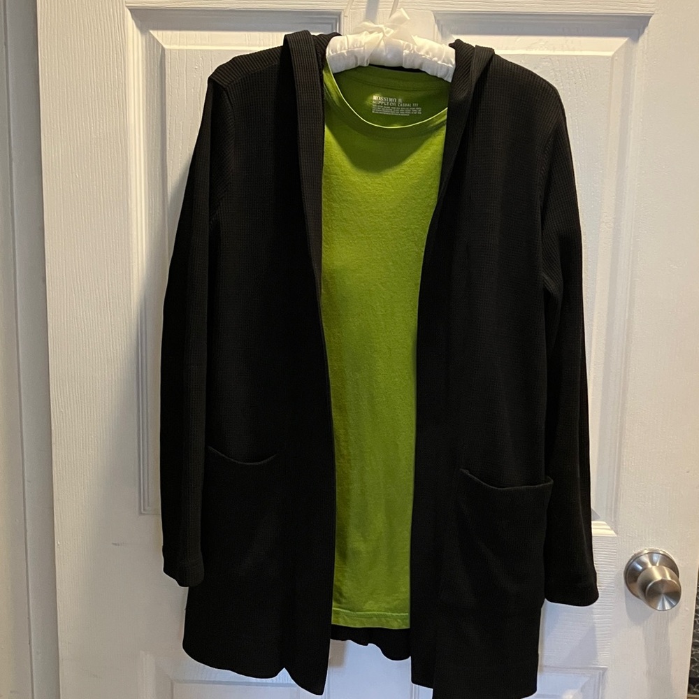 Splendid Open Front Waffle Weave Black Hooded Cardigan Size S
